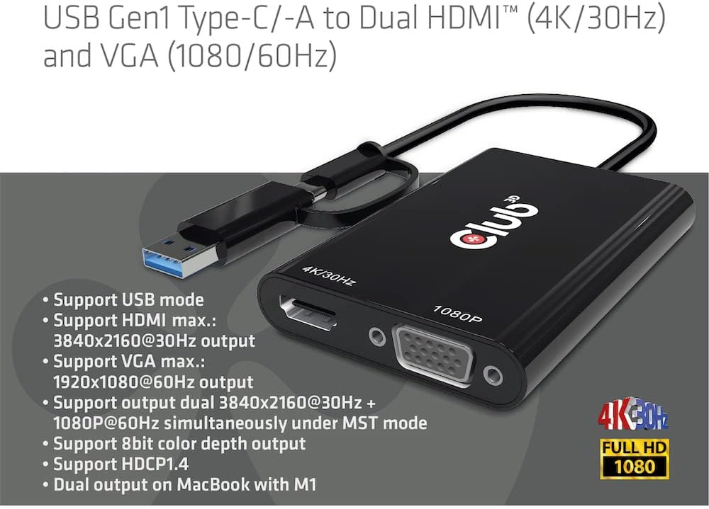 Club 3D Adapter USB Gen1 Type-C/-A auf Dual HDMI™(4K/30Hz) / VGA (1080/60Hz)