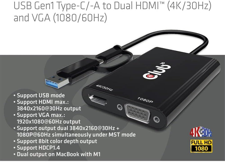 Club 3D Adapter USB Gen1 Type-C/-A auf Dual HDMI™(4K/30Hz) / VGA (1080/60Hz)