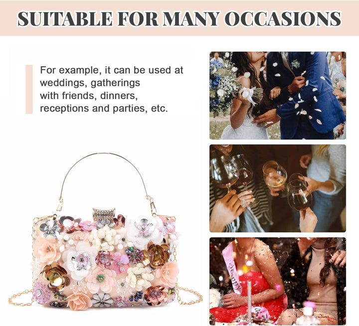 Fecialy Blumen-Clutch-Abendtaschen für Damen mit bunten Blumen-Metall-Strasssteinen Abend-Clutch-Gel