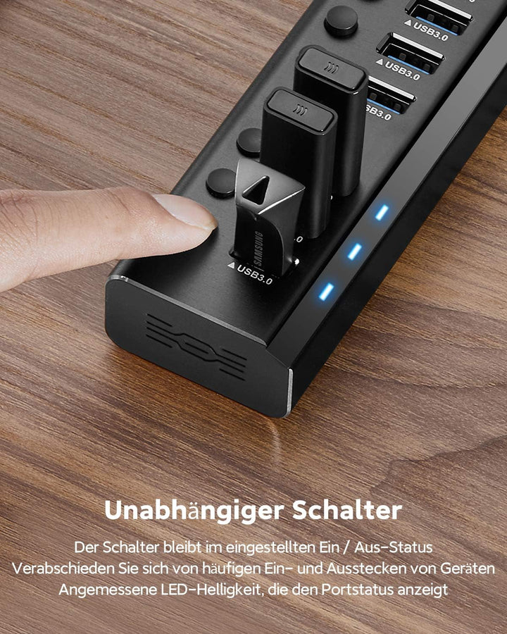 RSHTECH Aluminium 24W USB Hub Aktiv 3.0 mit 12V/2A Netzteil, 7-Port USB 3.0 Hub Multiport USB 3.0 Ve