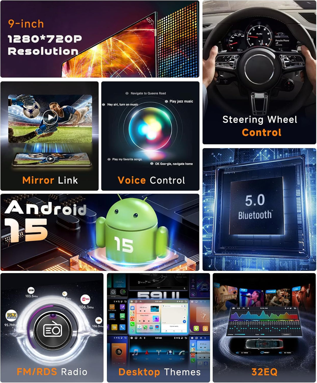 8 Kern 4G+64G Android 15 Autoradio 1 Din mit Drahtlos Carplay Android Auto, 9-Zoll-Rotations-HD-Touc