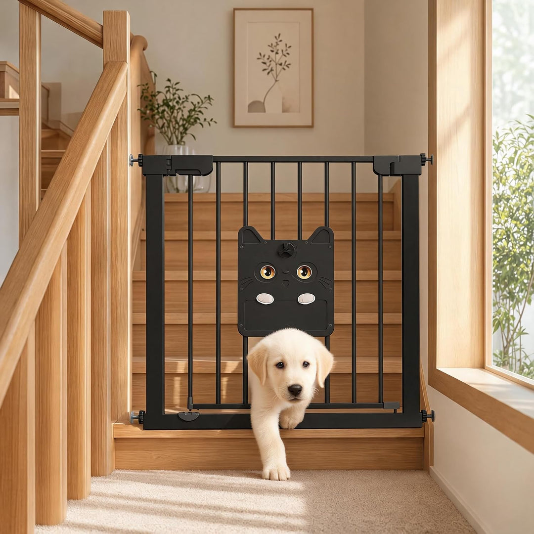 NAIZY Treppenschutzgitter mit katzenklappe 180°Doppeltür Ohne Bohren Schutzgitter Treppe 75-85cm Aut