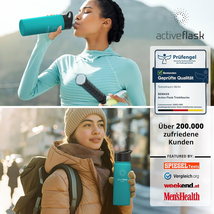 Trinkflasche Edelstahl ACTIVE FLASK + Strohhalm (3 Deckel) BPA-frei, Auslaufsicher, Kohlensäure geei
