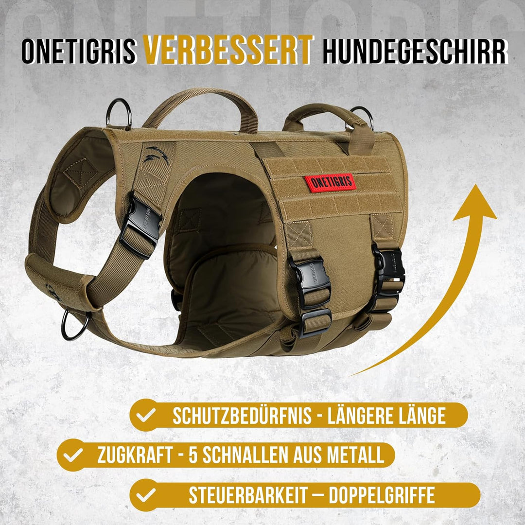 OneTigris Hundegeschirr, Metall Taktisches Geschirr Hunde Brustgeschirr mit 2 Komfort-Griffe, 3 Edel