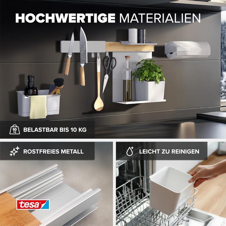 tesa Küchen-Organizer Kombi-Set XL - selbstklebende Küchenleiste, Kräutertopf, 2 Ablagen, Spül-Organ