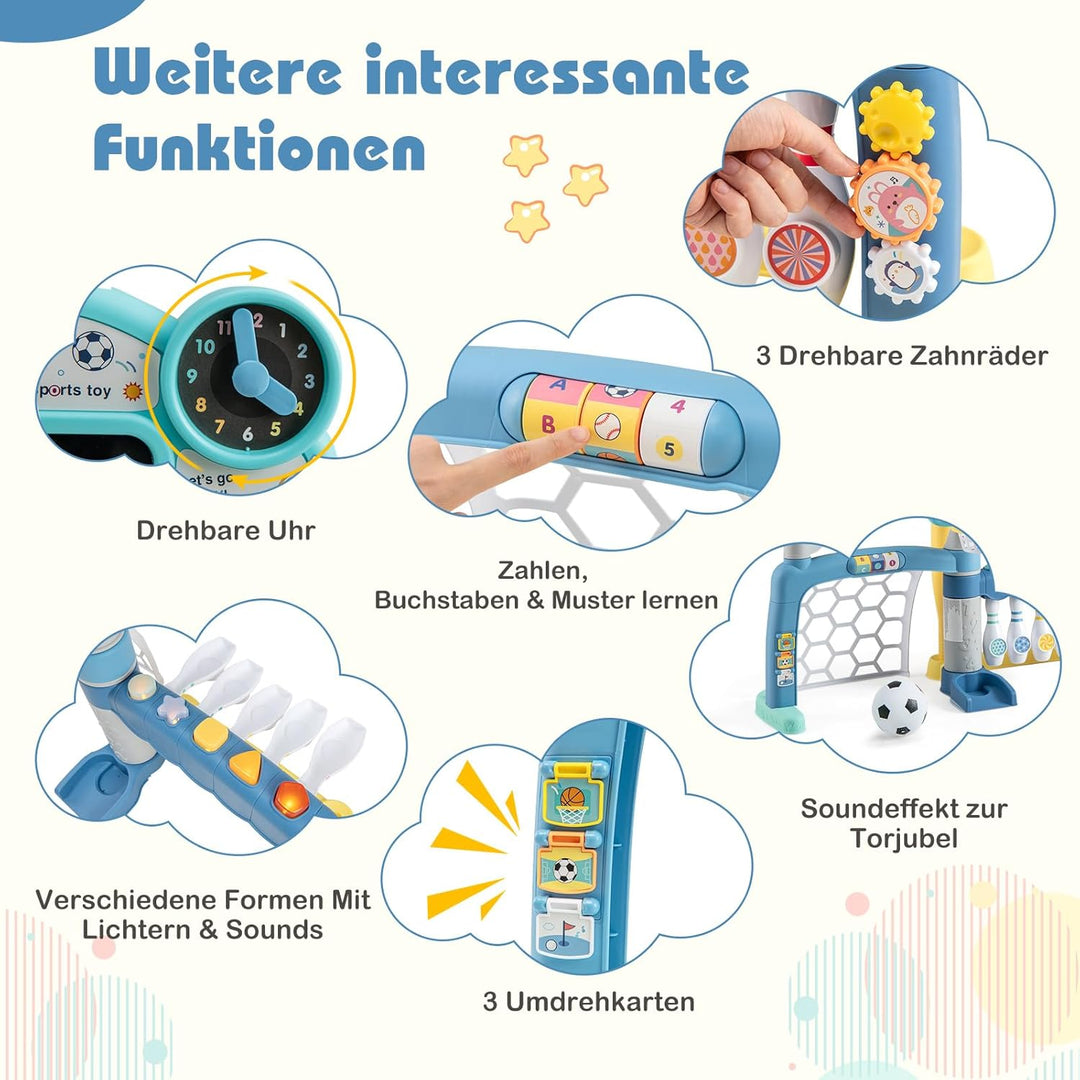 COSTWAY Kinder Basketballkorb, 5-in-1 Basketballständer mit Fussballtor, Golf, Bowling & Baseball, S