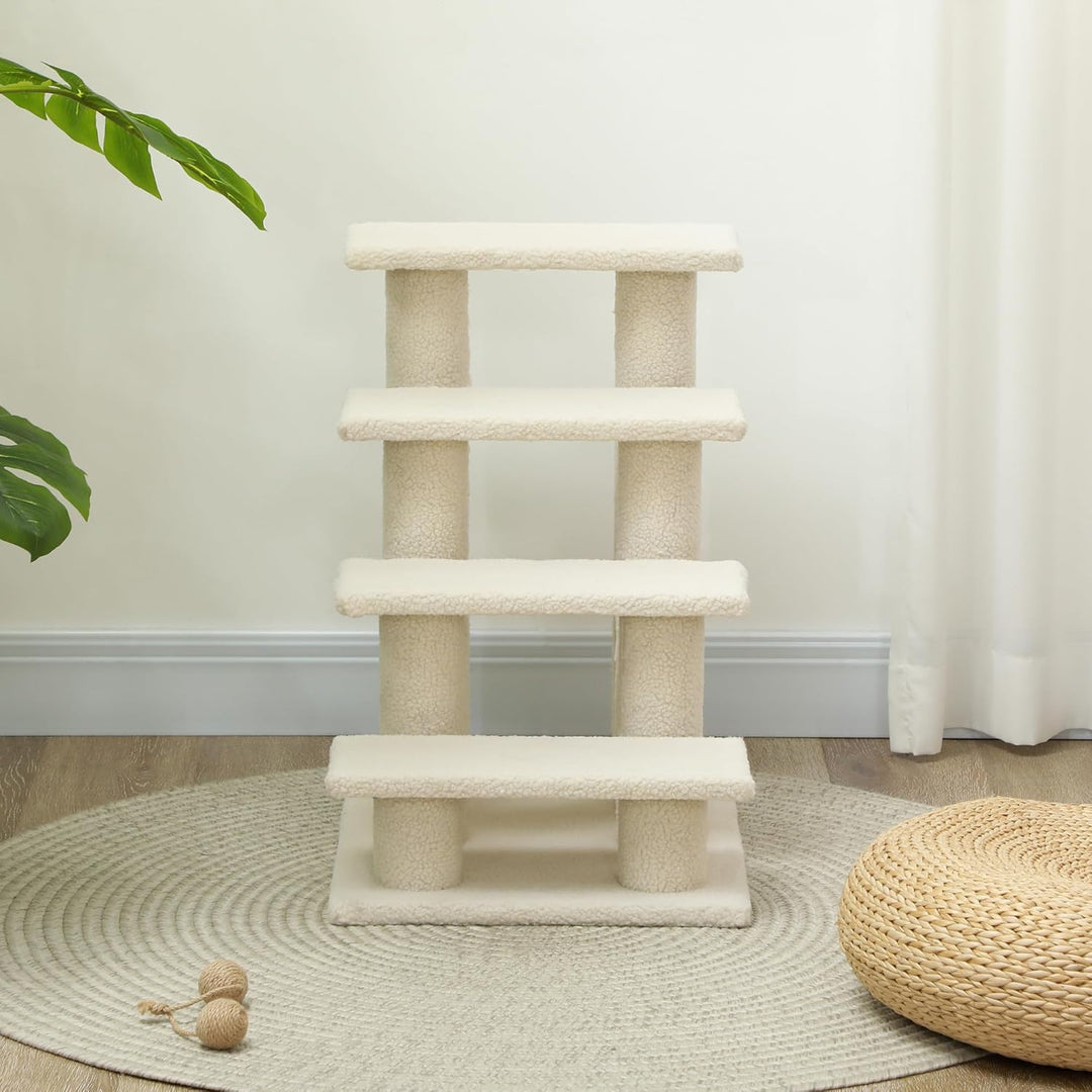 PawHut Tiertreppe Katzentreppe Hundetreppe Treppe für Katze und Hunde 4 Stufen Beige 63,5x43x60cm, B