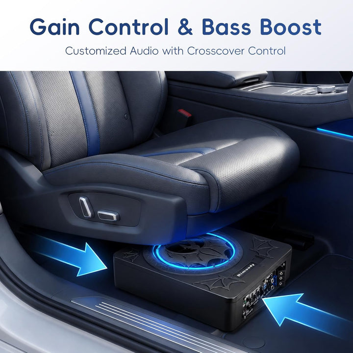 Rimoody 10 Zoll Flachbau Aktiv-Subwoofer für Auto - 1200W RMS, Bass Boost, Phasenregler, Unterbausit