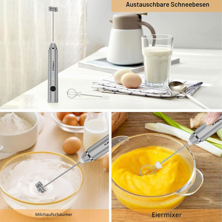 Philorn Milchaufschäumer Stab, Milchaufschäumer Elektrisch Stab Hand Held, 3-Gang USB Aufladbar Aufs