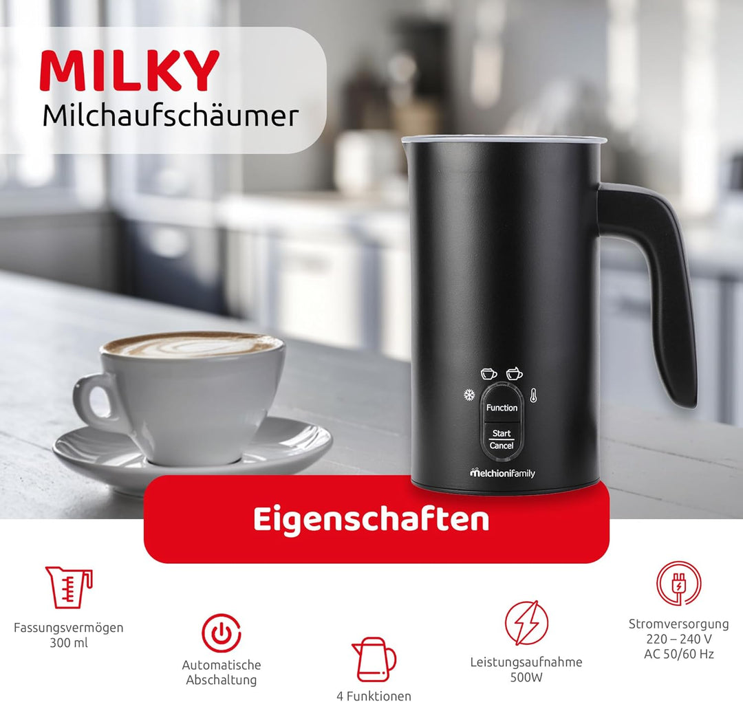 Melchioni Family Milky, elektrischer Milchaufschäumer, Fassungsvermögen 300 ml, 4 in 1, automatische