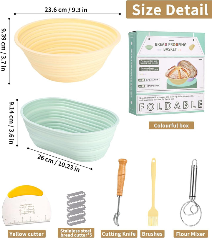 LEAZZLE Gärkorb Set,Verbesserte 22cm Runde,26cm Oval Silikon Banneton Brotgärkörbe,Brot Oval Und Run