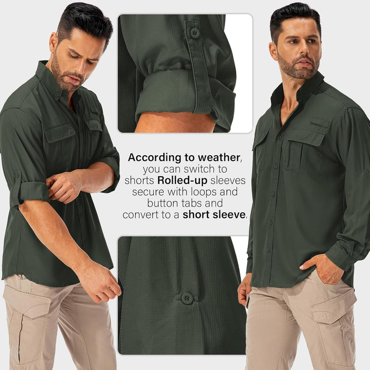 Asfixiado Hemd Herren Safari UPF50+ UV Schutz Wanderhemd Herren Langarm Funktionshemd Outdoorhemd At