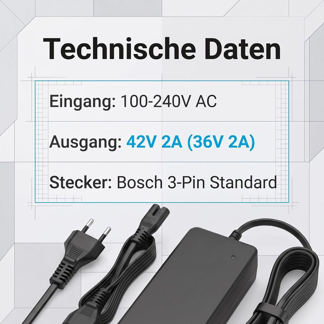 36V 2A Ladegerät für Bosch Performance und Active Elektrowerkzeugbatterien