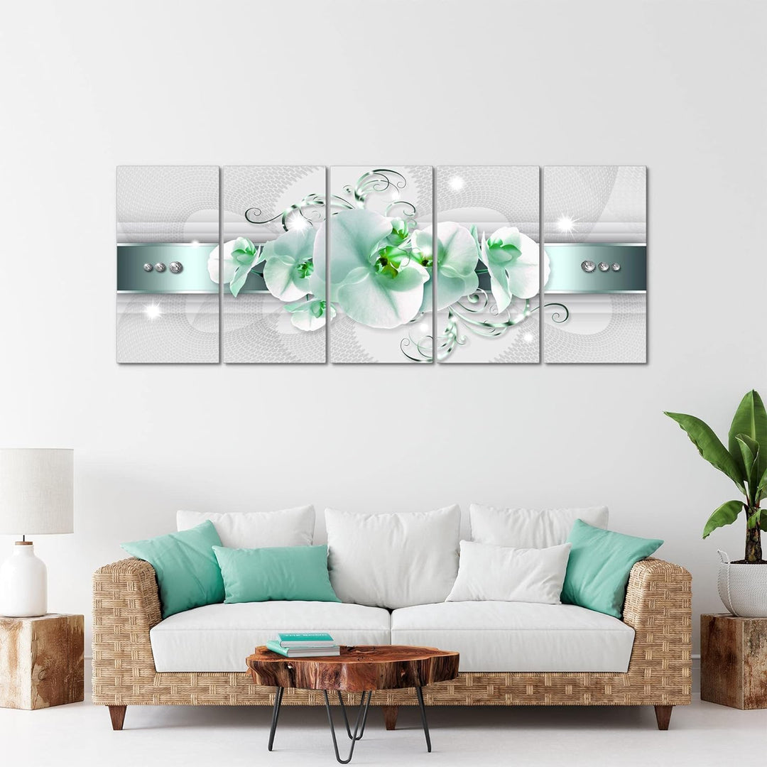 Runa Art Wandbild XXL Blumen Orchidee Wohnzimmer Schlafzimmer 200 x 80 cm Grau Grün 5 Teilig - Made