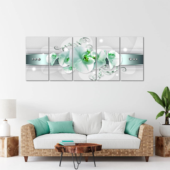Runa Art Wandbild XXL Blumen Orchidee Wohnzimmer Schlafzimmer 200 x 80 cm Grau Grün 5 Teilig - Made
