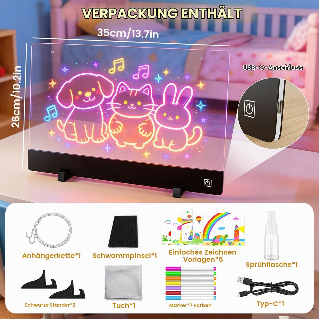 LED-Zeichenbrett für Kinder, 1500mAh wiederaufladbares Notizbrett mit 4-Farben-Lichtmodi &amp; 7 Markern