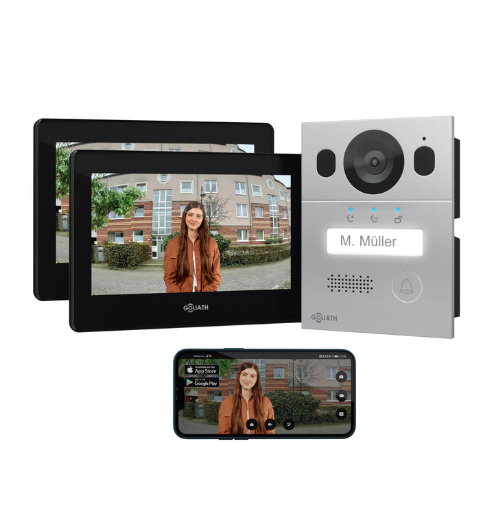 GOLIATH Basic Video Türsprechanlage, 2 Draht Bus, 2X 7 Monitor, Aufputz Türklingel mit Kamera, Gegen