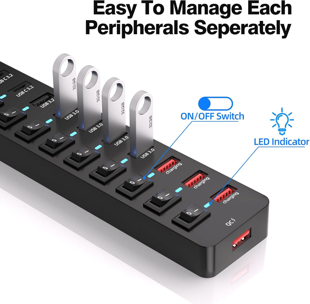 USB Hub mit Netzteil, VKUSRA 11-Port USB C 3.2 Hub mit 10Gbps USB-C 3.2 Datenports*2 und USB 3.2 Dat
