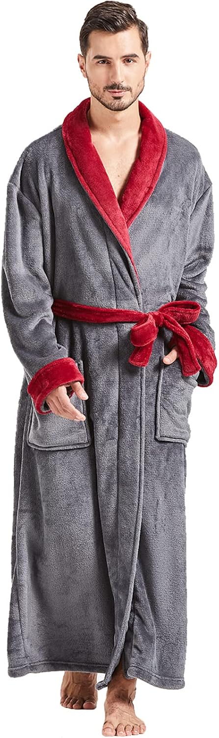 FashGudim Herren Bademäntel gross und gross in voller Länge Plüsch Fleece lange Robe Schal Kragen wa