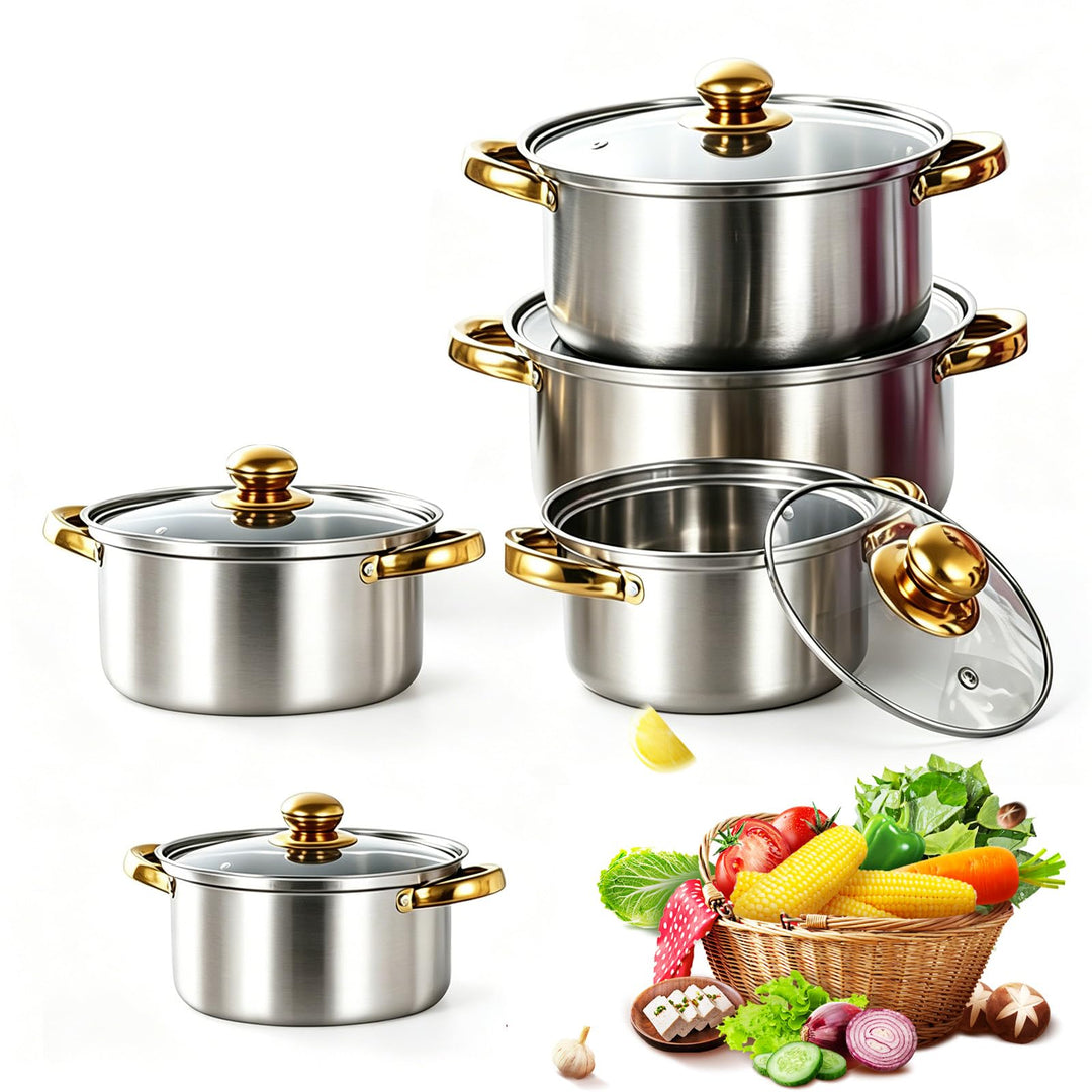 Topfset Induktion 5-Teilig, Topfset Edelstahl mit Glasdeckel Unbeschichtet | Induktions Töpfe set, f