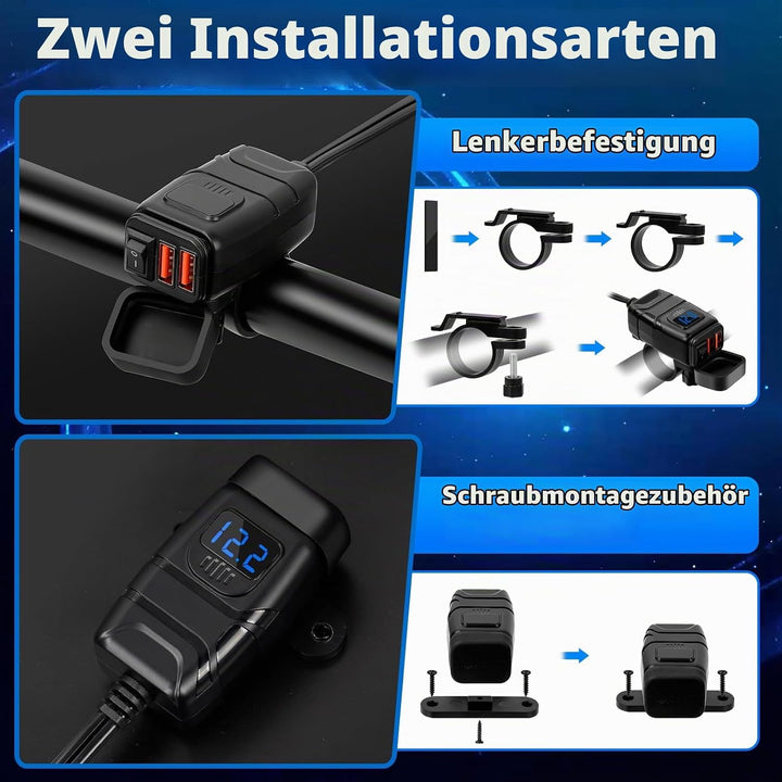 12V USB Steckdose Motorrad, Motorrad USB Ladegerät mit EIN-/Ausschalter und LED-Spannungsmesser, QC3