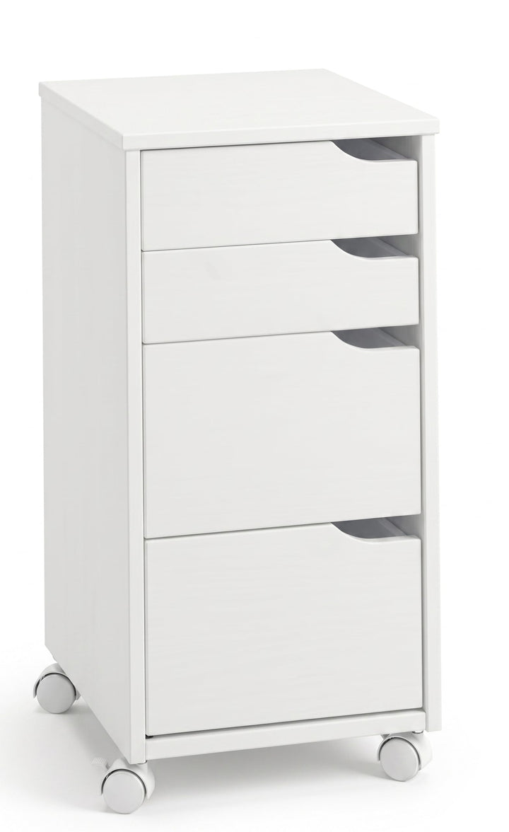 Massivholz Rollcontainer Kiefer | weiss | Bürocontainer mit 4 Schubladen & Rollen | ca. 66 x 32 x 38