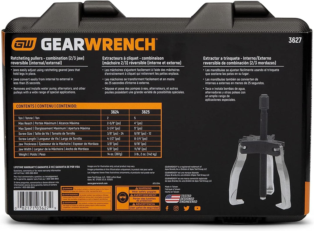 GEARWRENCH 3627 Ratschenzieher-Set, 2 oder 3 Backen, 2 und 5 Tonnen
