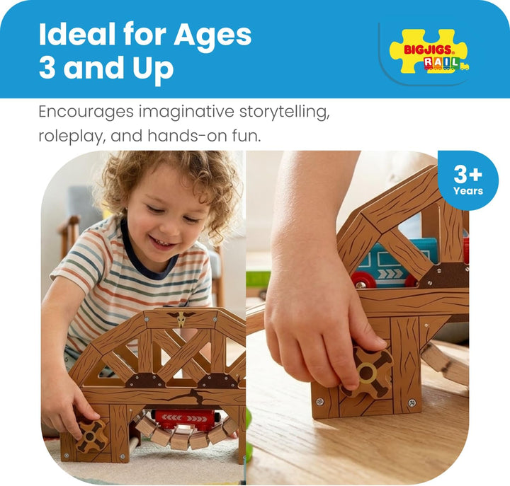 Bigjigs Rail Rickety Bridge - Collapsing Wooden Wild West Bridge, Includes 2 Track Pieces, Kids Trai