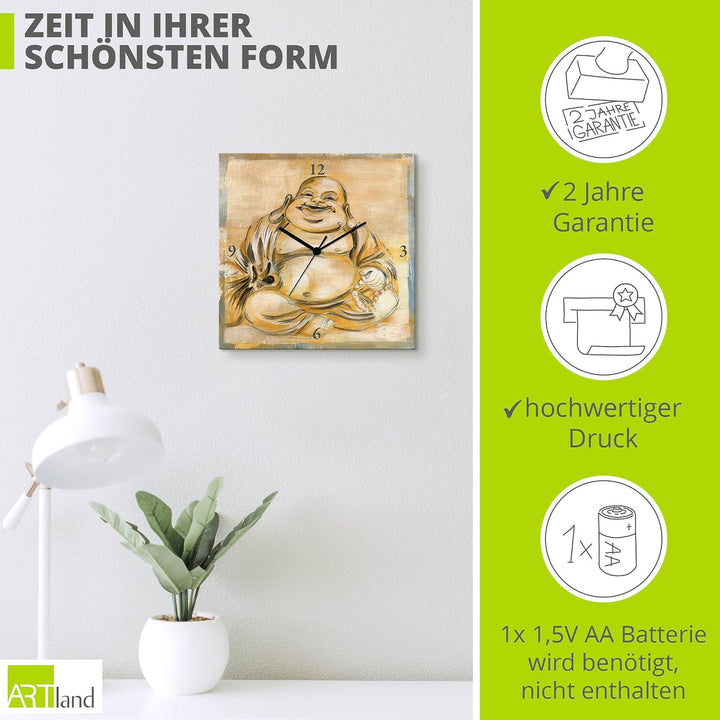 ARTLAND Wanduhr ohne Tickgeräusche Leinwand Quarzuhr 30x30 cm Quadratisch Lautlos Buddha Asien Buddh