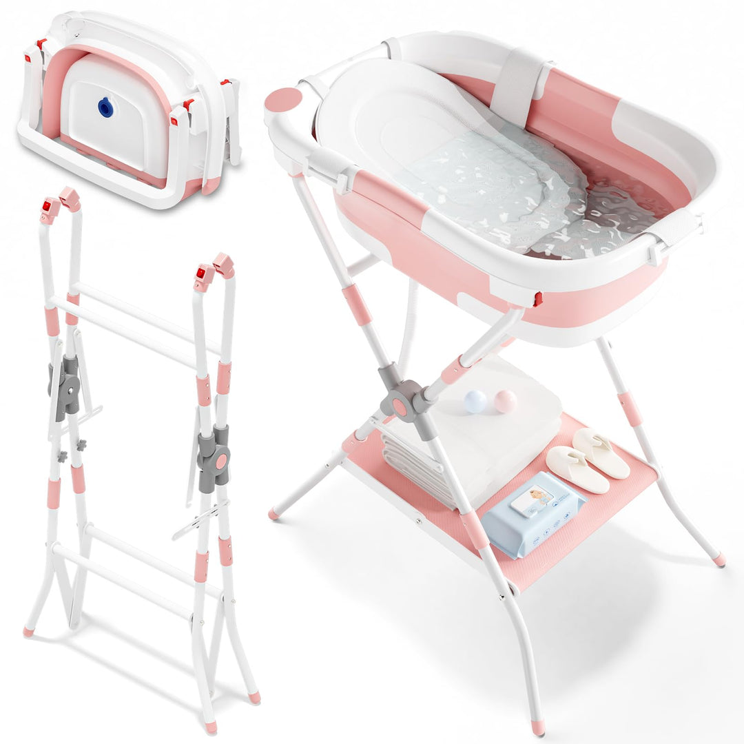 2-in-1 Baby Badewanne mit Gestell, Faltbare Badewanne Baby mit Badestütznetz, Geeignet für Neugebore