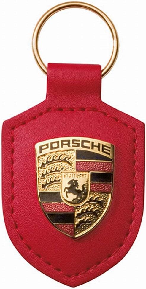 Porsche Schlüsselanhänger, rotes Leder mit Metallwappen, Lieferung in silberfarbener Porsche-Geschen