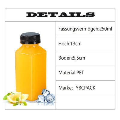 YBCPACK 16 Stück 250ml Kunststoff Saftflaschen zum Befüllen， Wiederverwendbare Leere Smoothie Flasch