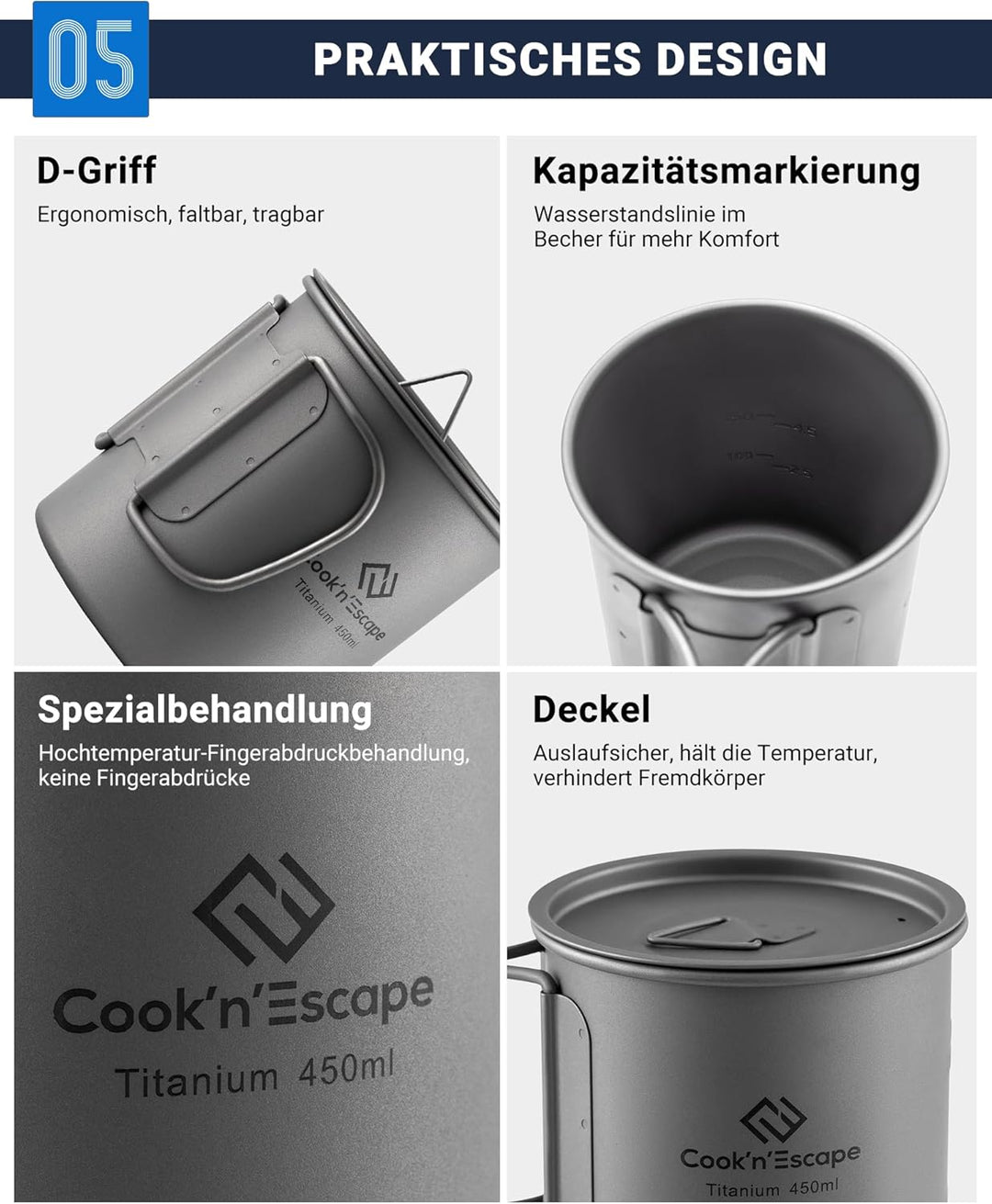 COOK'N'ESCAPE Titan Camping Tasse mit Deckel Titanium Topf Becher mit faltbarem Griff 450ml Leicht u