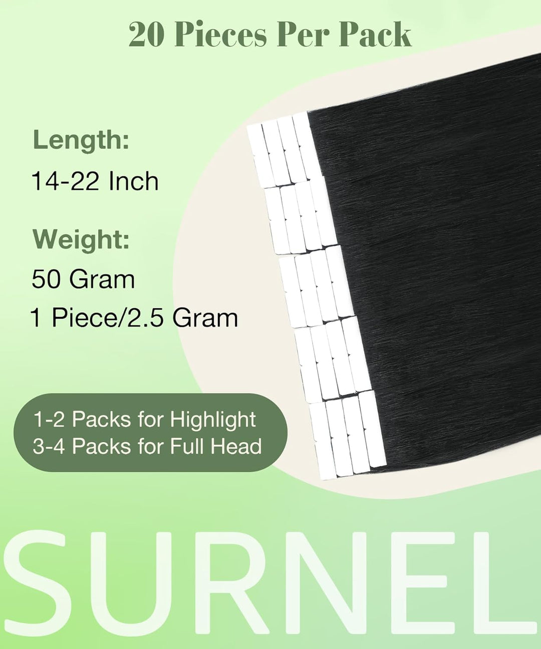 SURNEL Tape in Extensions Echthaar 40cm Remy Jet Black Haarverlängerungen Tape in Haarextension Echt