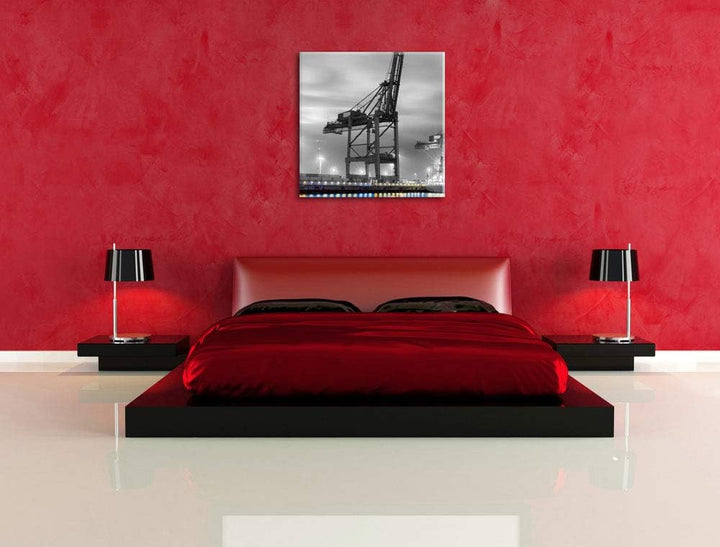 Pixxprint grosser Containerkran im Hafen schwarz/weiss, Format: 70x70 auf Leinwand, 70x70
