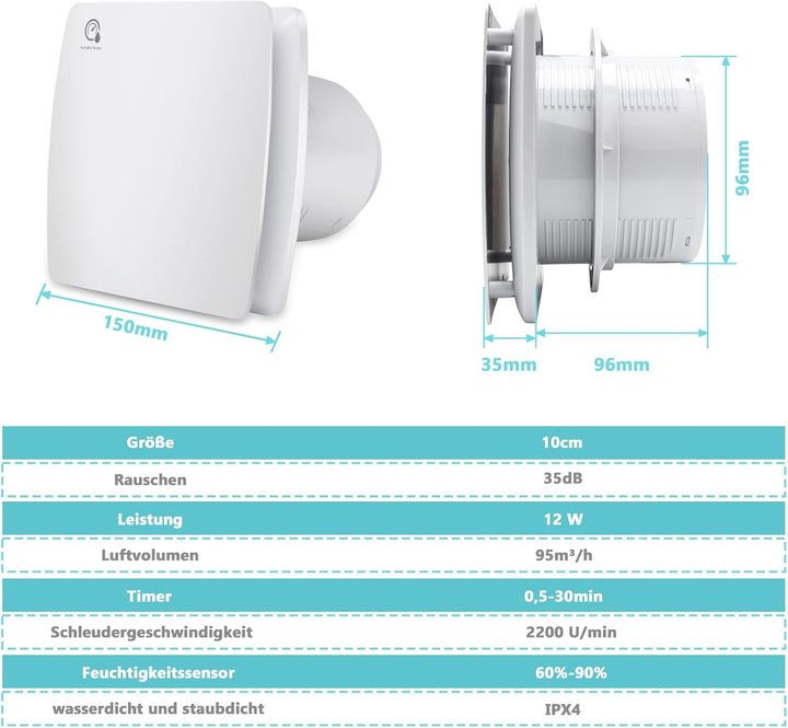 Badlüfter 100mm mit Feuchtigkeitssensor und Rückstauklappe timer, Badezimmerlüfter Bad Lüfter Abluft