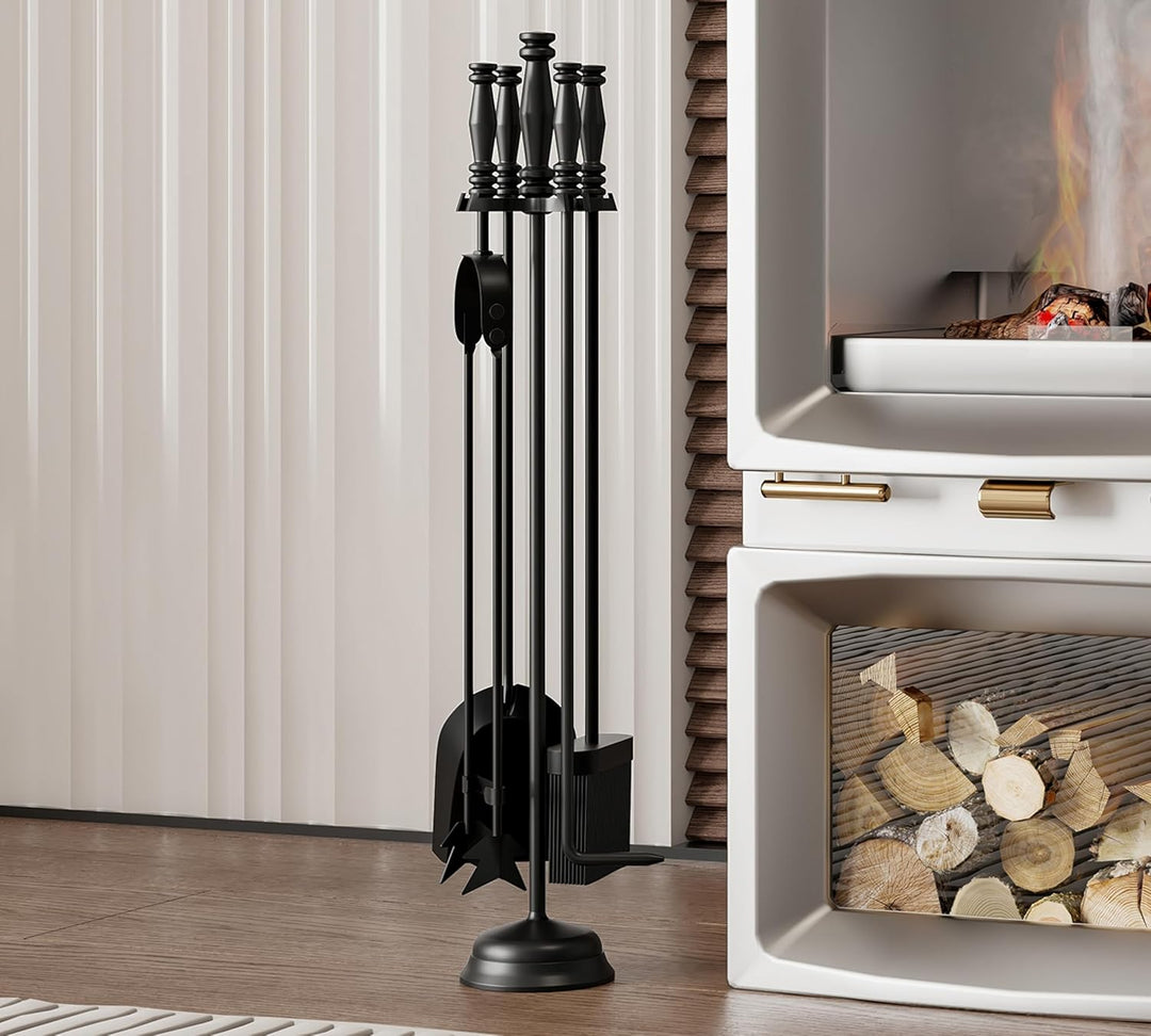 Kingson Kaminbesteck 4-teilig - Griff & Ständer aus Gusseisen - inklusive Schaufel, Schürhaken, Bürs
