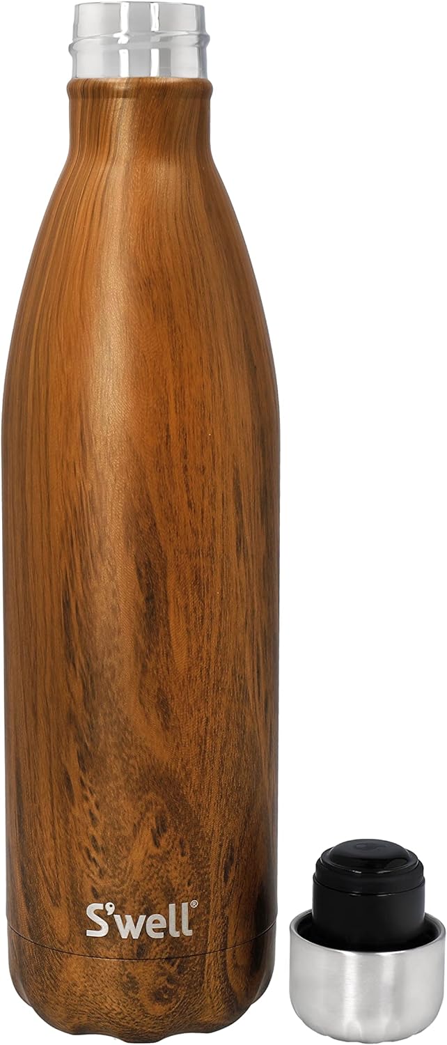 S'well Wiederverwendbare Wasserflasche aus Edelstahl, 750 ml, Teakholz, dreifach isolierte und ausla