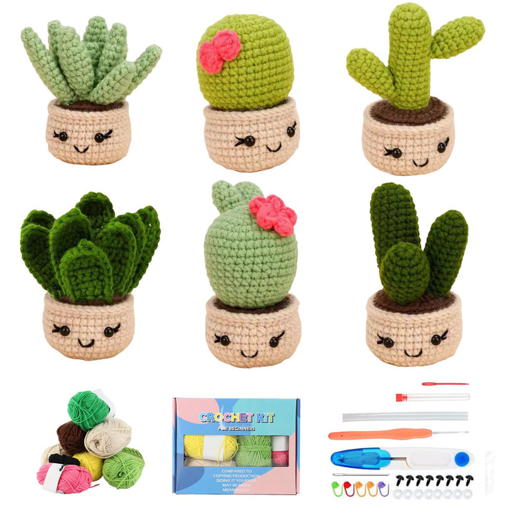 Mecmbj Häkelset für Anfänger, 6 Stück Niedliches Kaktus Häkelnadel Set, Blumentöpfe Crochet Set, HäK