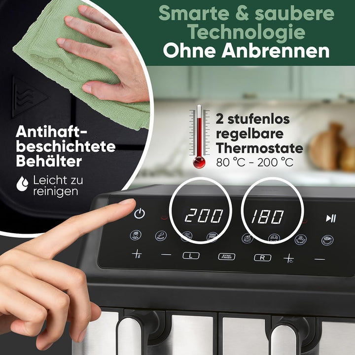ProfiCook® Heissluftfritteuse 2 Kammern | Airfryer | 9 Liter | Heissluftfritteuse mit Zeitgleich-fer