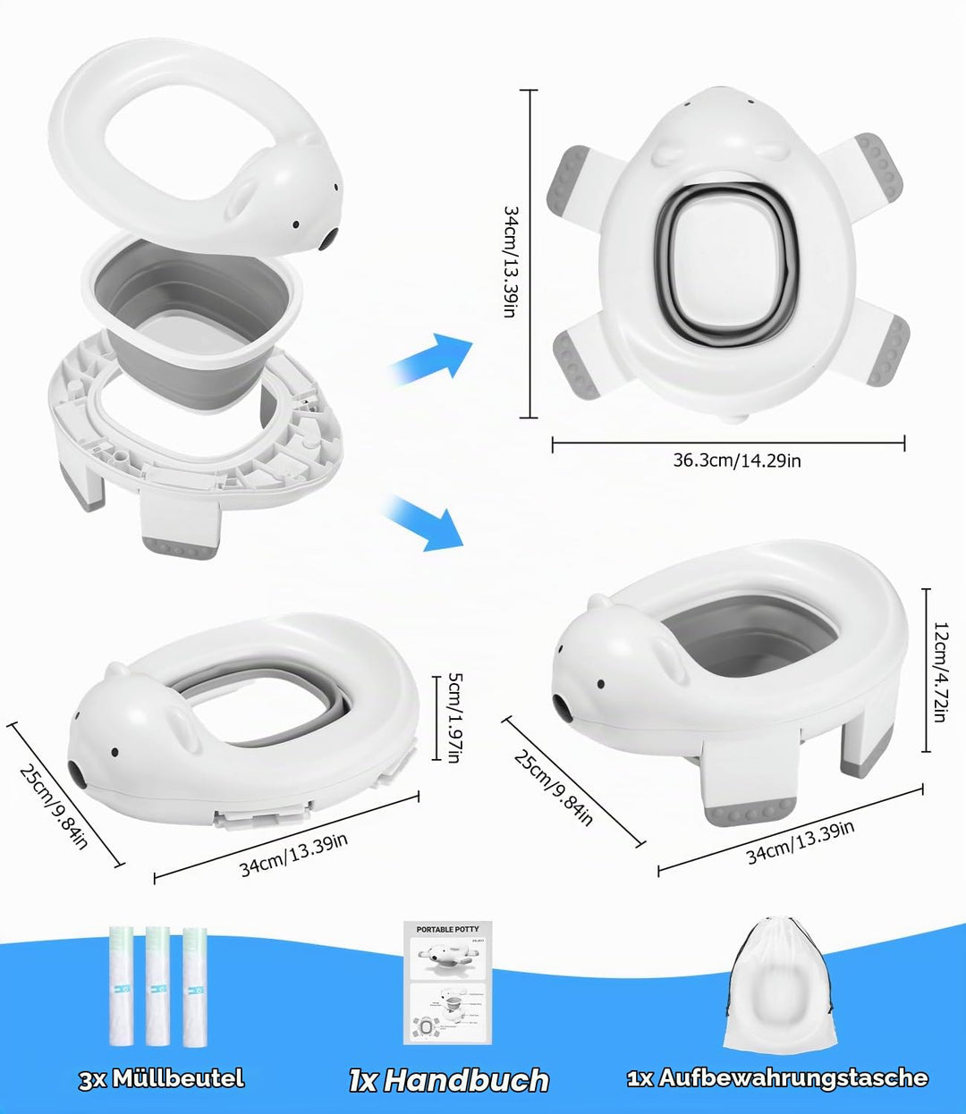 Töpfchen Toilettensitz Kinder, 3 in 1 Faltbares Reisetöpfchen Kinder, Töpfchen für Unterwegs, Baby P