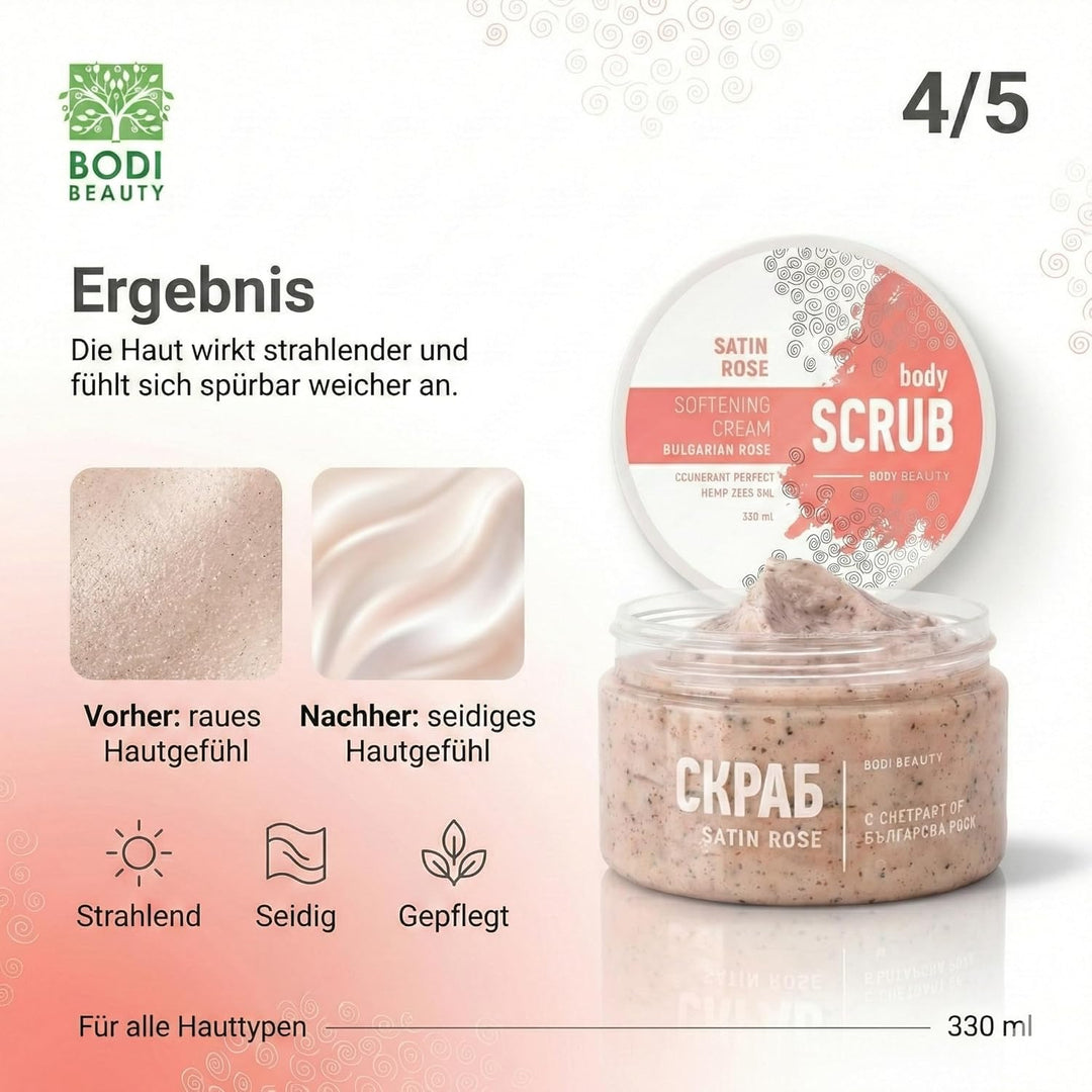 Satin Rose Body Scrub & Körperpeeling 330 ml – Korund, Kokospulver, Rosenextrakt, Sheabutter, D-Pant