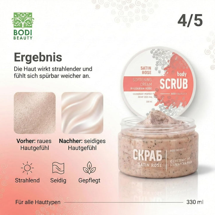 Satin Rose Body Scrub & Körperpeeling 330 ml – Korund, Kokospulver, Rosenextrakt, Sheabutter, D-Pant