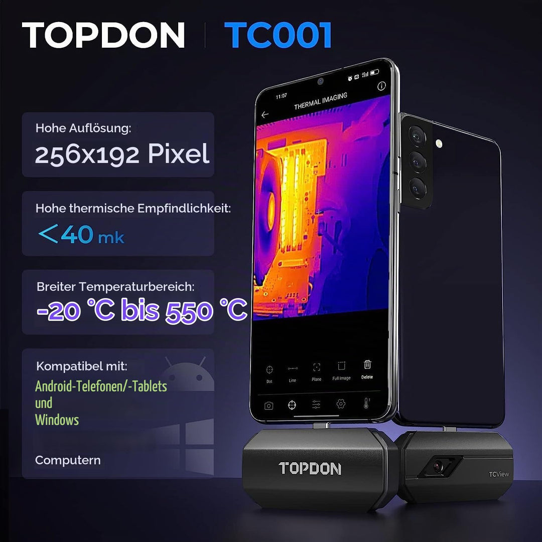TOPDON Wärmebildkamera für Android TC001[Nur Android/Grau], 256 x 192 thermische Auflösung, Super IR