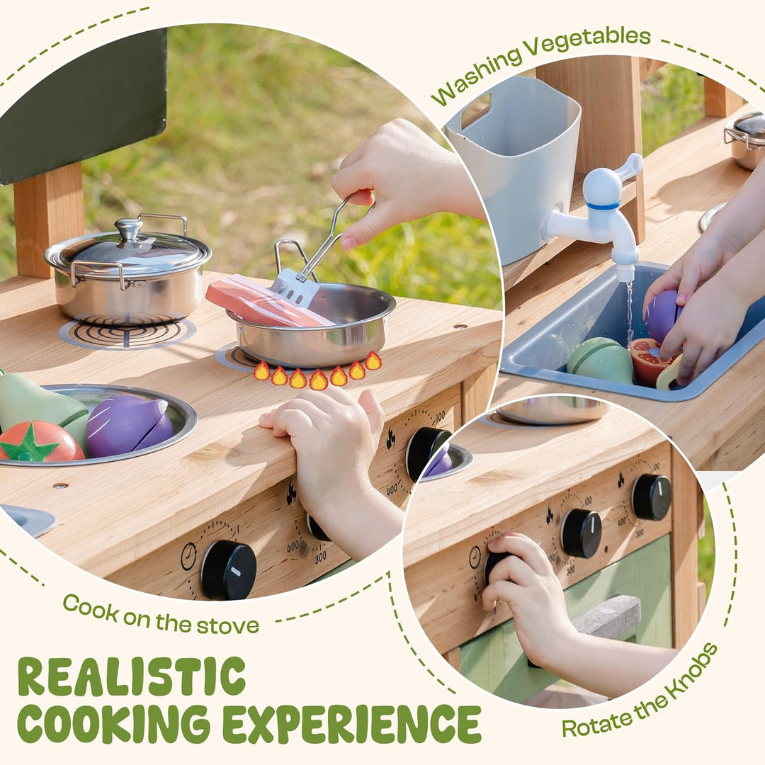 ROBUD Matschküche Kinder Outdoor, Spielküche Holz mit Echtem Wasserhahn, Wasserkocher, Pflanzgefäss,