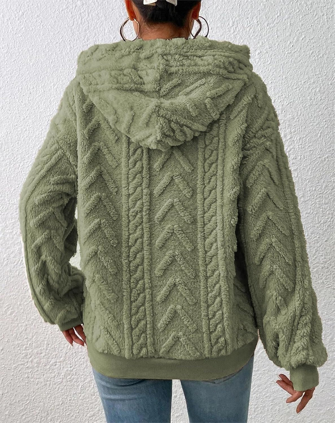 Zetieny Hoodie Damen Kapuzenpullover Teddy Fleece Double Fuzzy Fluffy Jacquard Pullover Lässiges War