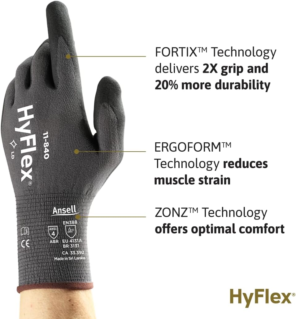 Ansell HyFlex 11-840 Professionelle Arbeitshandschuhe, Rutschfeste Nitril-Beschichtung, Industrie-Sc