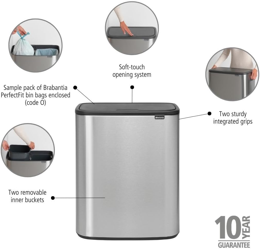 Brabantia Bo Touch Mülleimer — 2 x 30-Liter-Inneneimer (matter Stahl, fingerabdruckfest) Müll-/Recyc