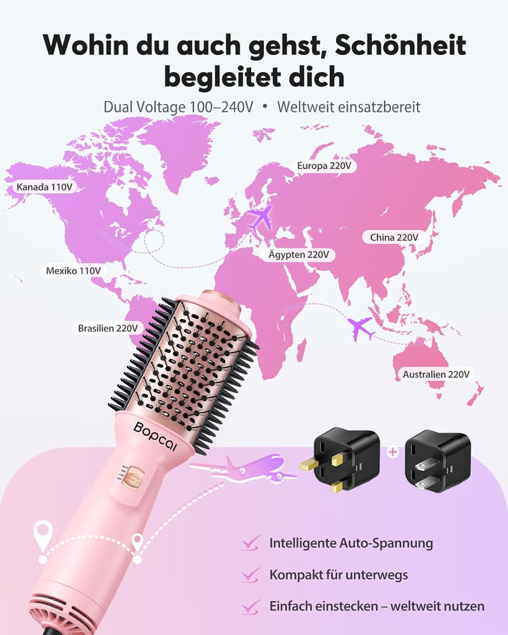 Bopcal Mini Warmluftbürste 4-in-1, Ionen Föhnbürste für Volumen & Glatte Haare, Tragbare Heissluftbü