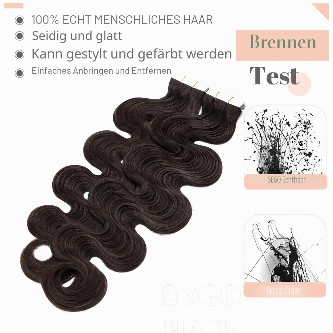 SEGO Tape Extensions Echthaar 20 Pcs Gewellt 40 cm #02 40 cm Dunkelbraun#2, 40 cm Dunkelbraun#2
